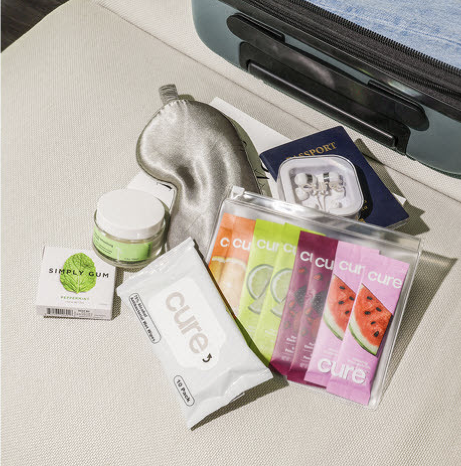 A closeup of the "Travel Essentials" gift set from Cure.