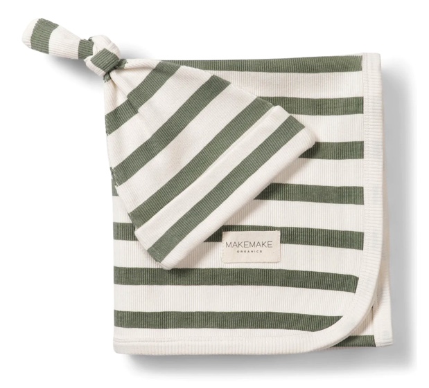 ThThe Makemake Organics' "Organic Cotton Swaddle & Top Knot Hat" in Basil Stripes