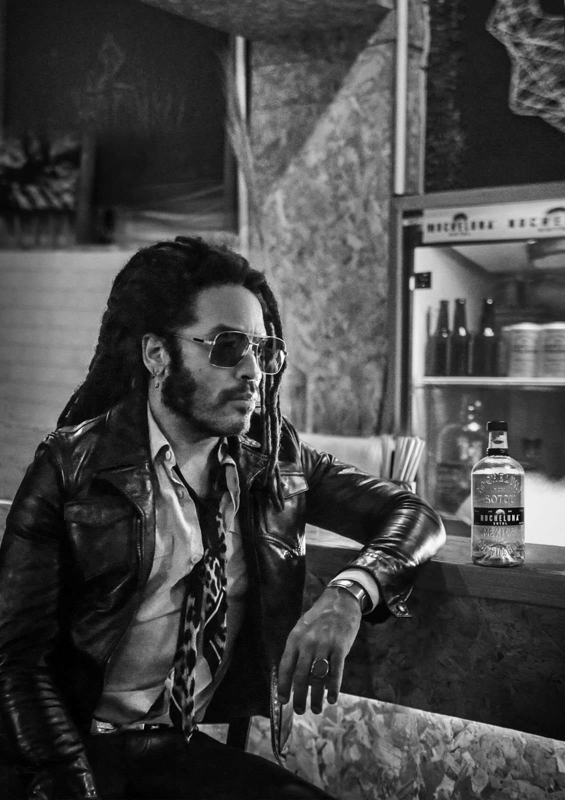 A promotional pic for the Nocheluna Sotol featuring Lenny Kravitz 
