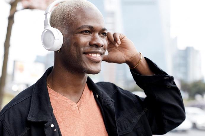 headphones on a Black man
