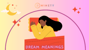 a graphic image of a black girl sleeping with the text dream meanings written across the bed