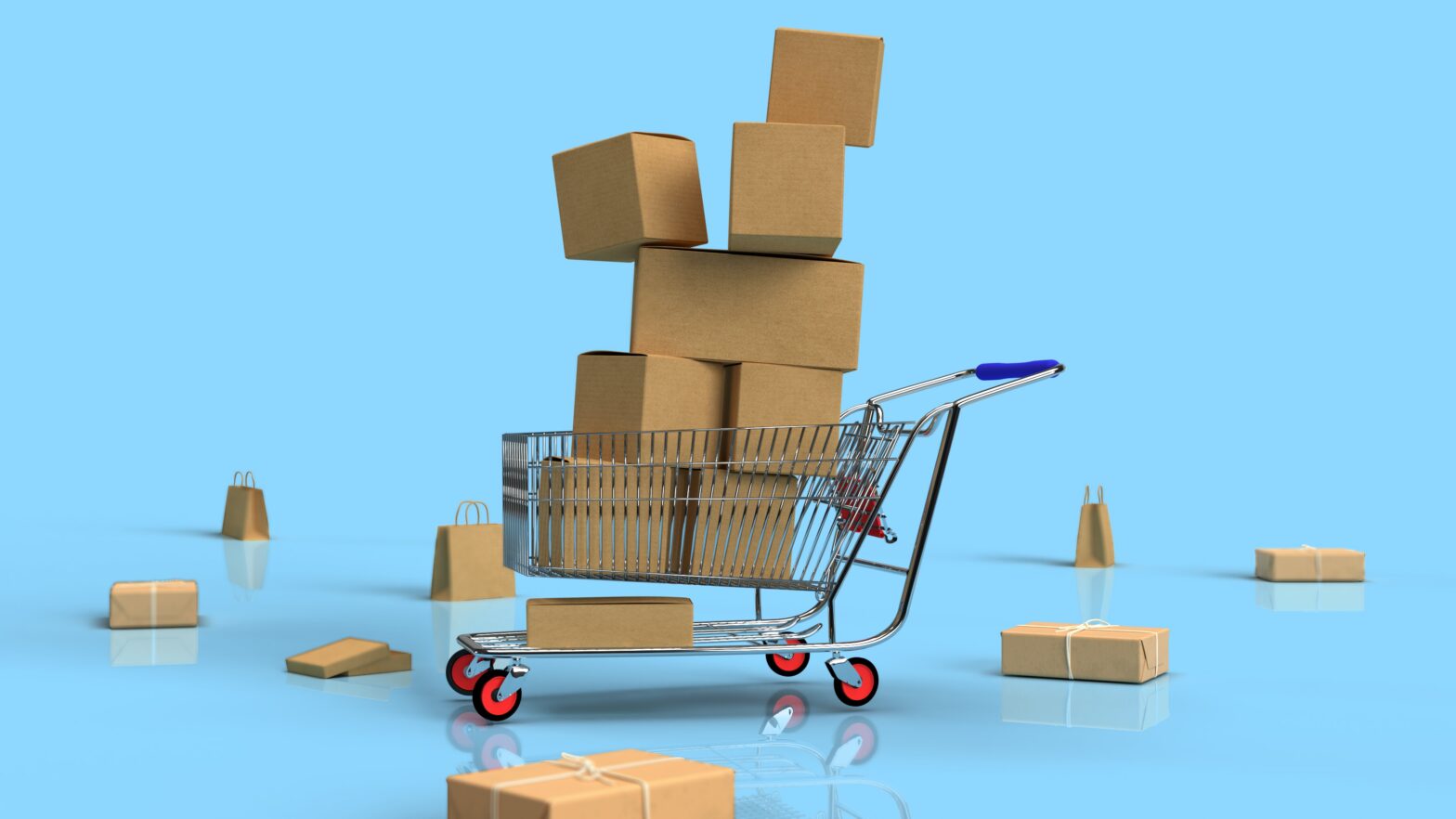 boxes in shopping cart on blue background