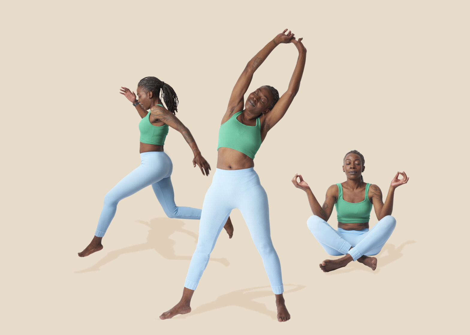 Woman in various exercise poses in studio running, stretching and meditating