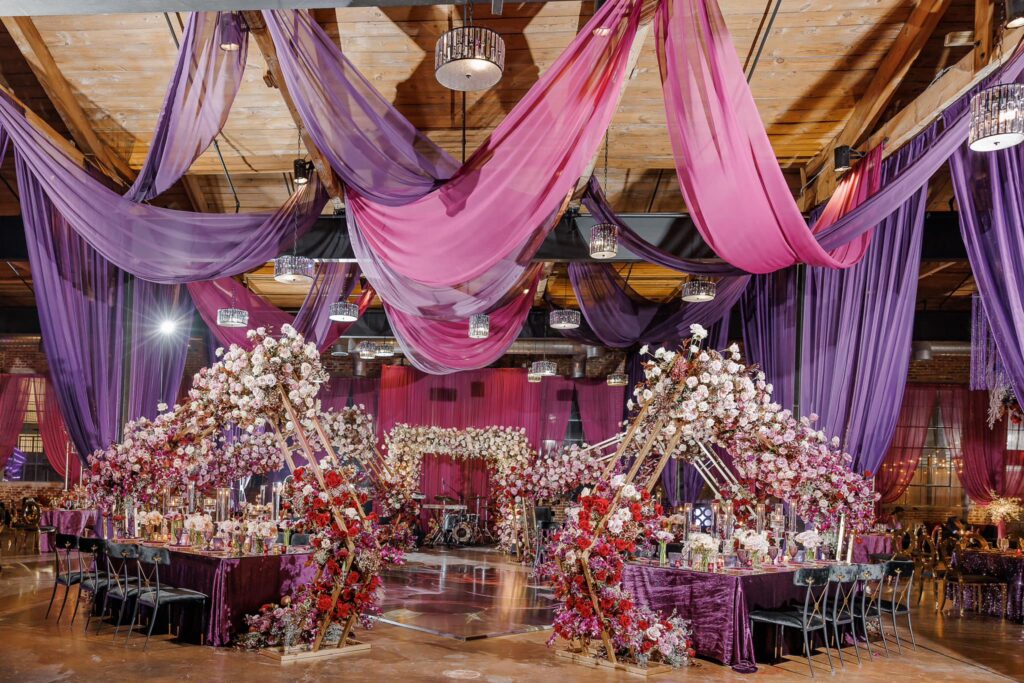A wedding reception floral arrangement