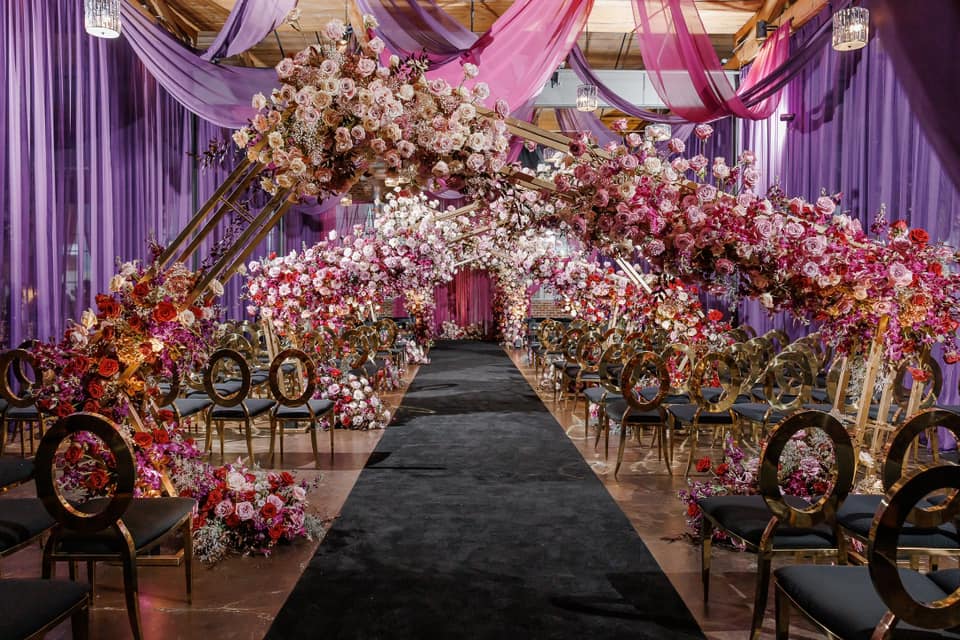 A wedding ceremony floral arrangement