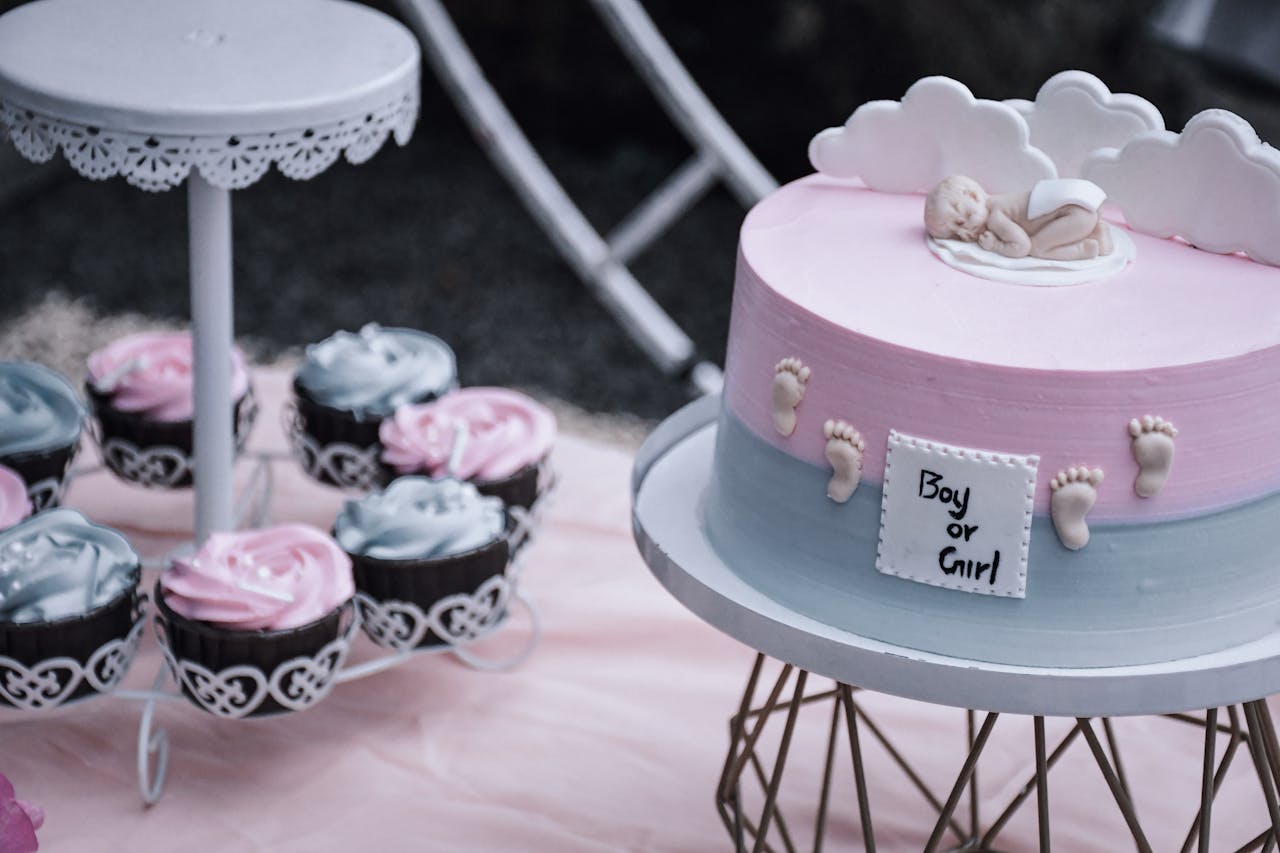 Check out this list of 166 Gender Neutral Names. Pictured: blue and pink cakes for gender reveal party.