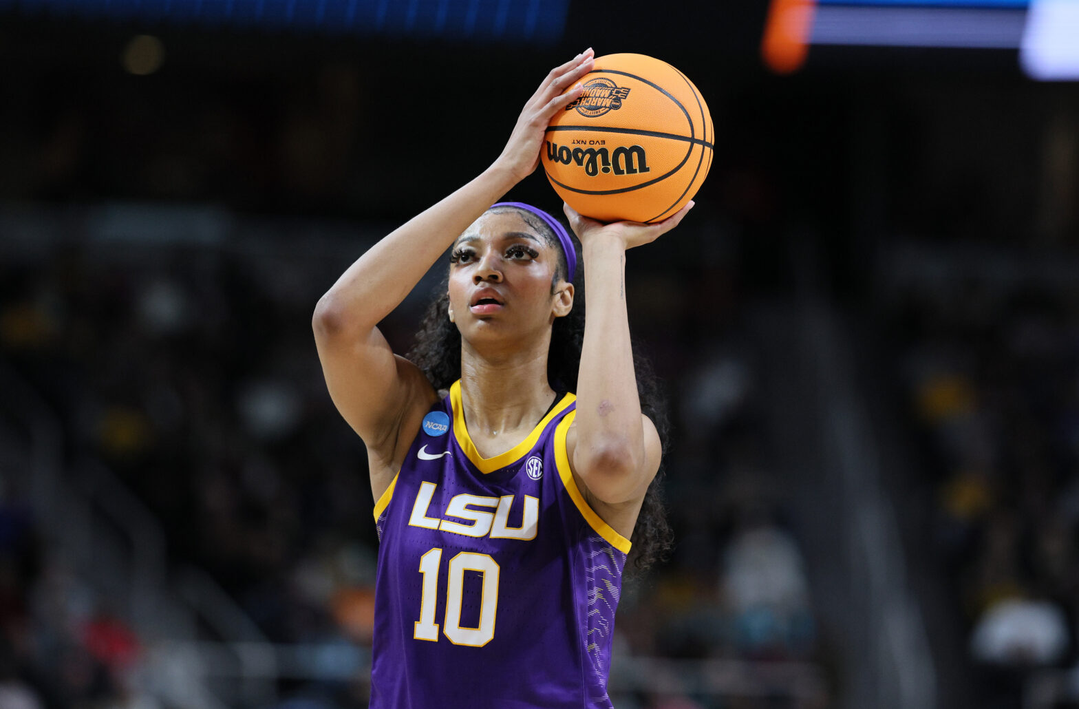 Angel Reese #10 of the LSU Tigers shoots the ball during the game against the Iowa Hawkeyes in the Final of the NCAA Women's Basketball Tournament - Albany Regional at MVP Arena on April 01, 2024 in Albany, New York.