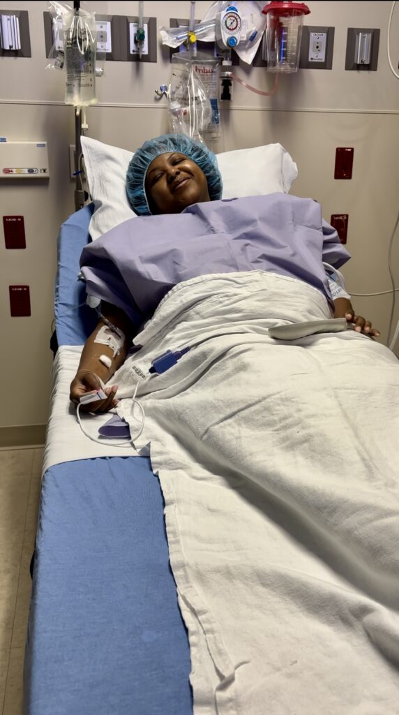 Black woman ready for hysterectomy surgery.