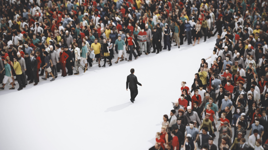 Businessman Goes in the opposite Direction of large group of people 3D Rendering