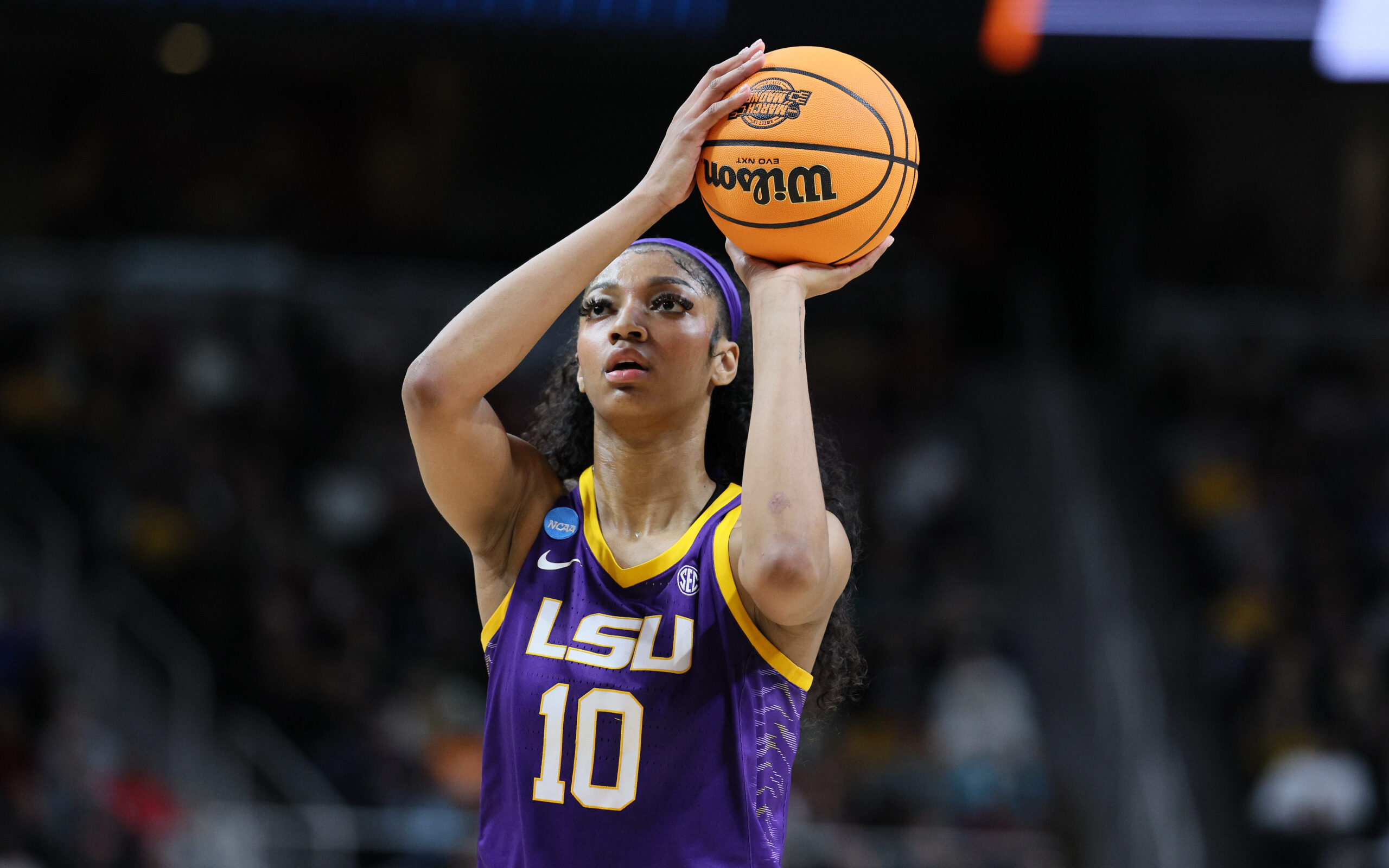 Angel Reese #10 of the LSU Tigers shoots the ball during the game against the Iowa Hawkeyes in the Final of the NCAA Women's Basketball Tournament - Albany Regional at MVP Arena on April 01, 2024 in Albany, New York.