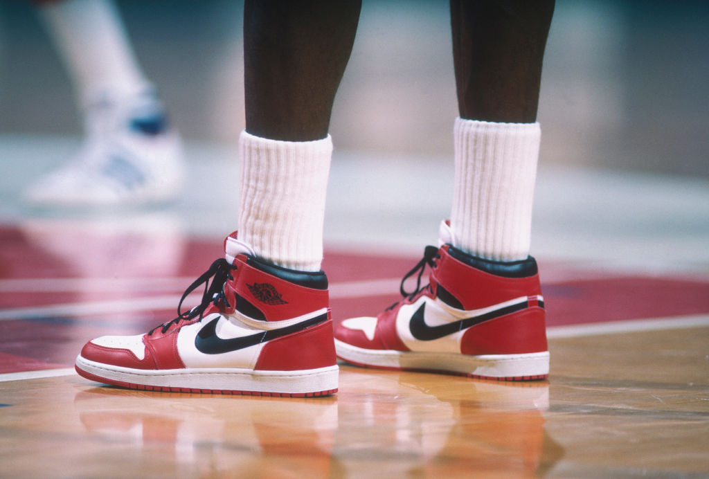 Detail of the "Air Jordan" Nike shoes worn by Chicago Bulls' center Michael Jordan #23 during a game against the Washington Bullets at Capital Centre circa 1985 in Washington, D.C.. 