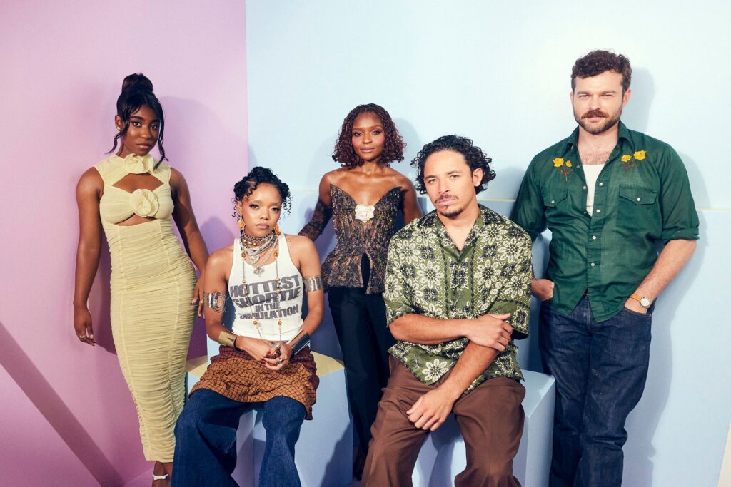 ANAHEIM, CALIFORNIA - AUGUST 09: (L-R) Lyric Ross, Regan Aliyah, Dominique Thorne, Anthony Ramos and Alden Ehrenreich of "Ironheart" pose in the IMDb Official Portrait Studio at D23 2024 at Honda Center on August 09, 2024 in Anaheim, California.